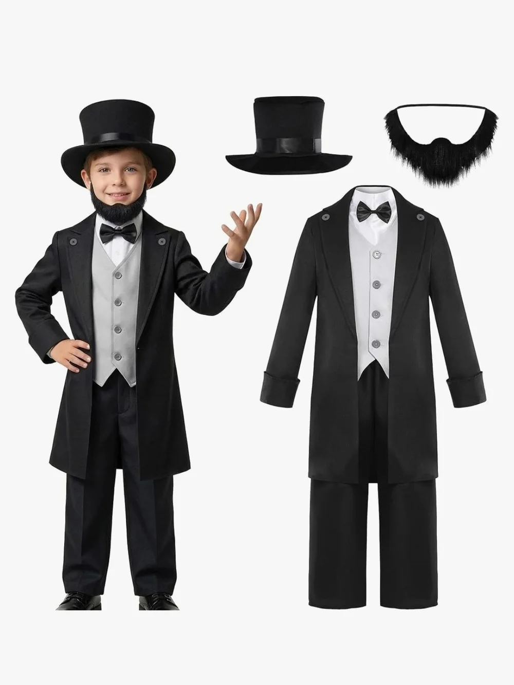 Kids Abraham Lincoln With Gray Vest and Top Hat Size Large 8-10 Year Old